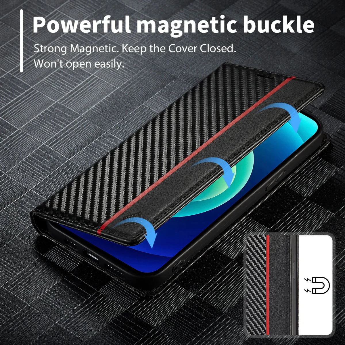 iPhone 14/ Pro/ Plus/ Pro Max - Kohlefaser Flip Lederoptik Hülle mit Magnetischer Abdeckung und Kartenfach - Top Hüllen