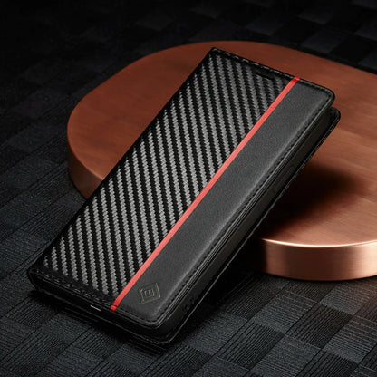 iPhone 14/ Pro/ Plus/ Pro Max - Kohlefaser Flip Lederoptik Hülle mit Magnetischer Abdeckung und Kartenfach - Top Hüllen