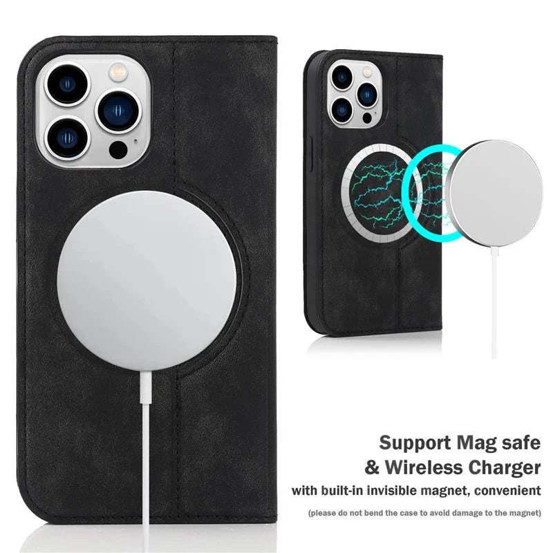 iPhone 14/ Pro/ Plus/ Pro Max - Lederoptik Hülle MagSafe und Kartenfach mit Abdeckung - Top Hüllen