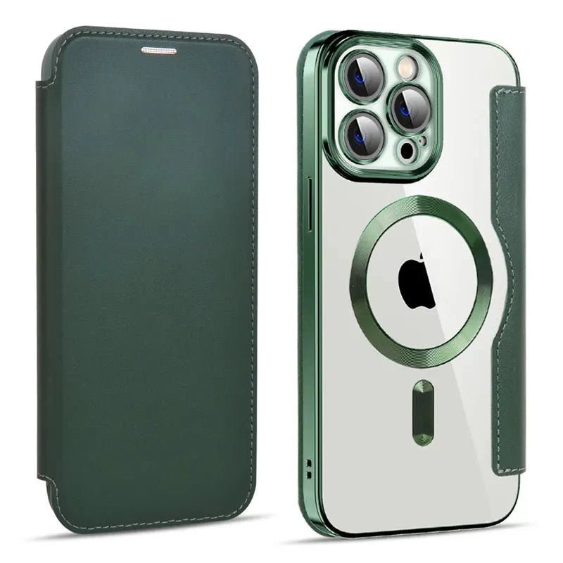 iPhone 15/ Pro/ Plus/ Pro Max - Lederoptik Hülle MagSafe und Kartenfach mit Abdeckung - Top Hüllen