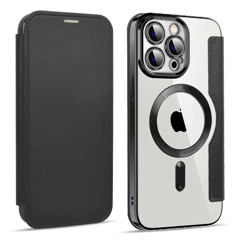 iPhone 15/ Pro/ Plus/ Pro Max - Lederoptik Hülle MagSafe und Kartenfach mit Abdeckung - Top Hüllen
