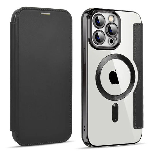 iPhone 15/ Pro/ Plus/ Pro Max - Lederoptik Hülle MagSafe und Kartenfach mit Abdeckung - Top Hüllen