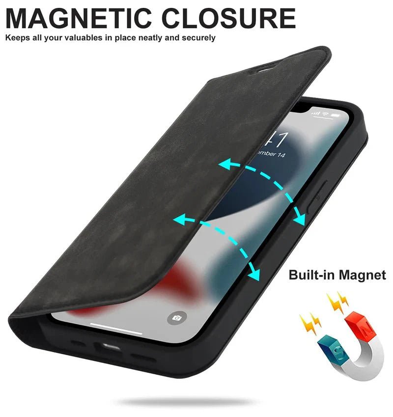 iPhone 15/ Pro/ Plus/ Pro Max - Lederoptik Hülle MagSafe und Kartenfach mit Abdeckung - Top Hüllen