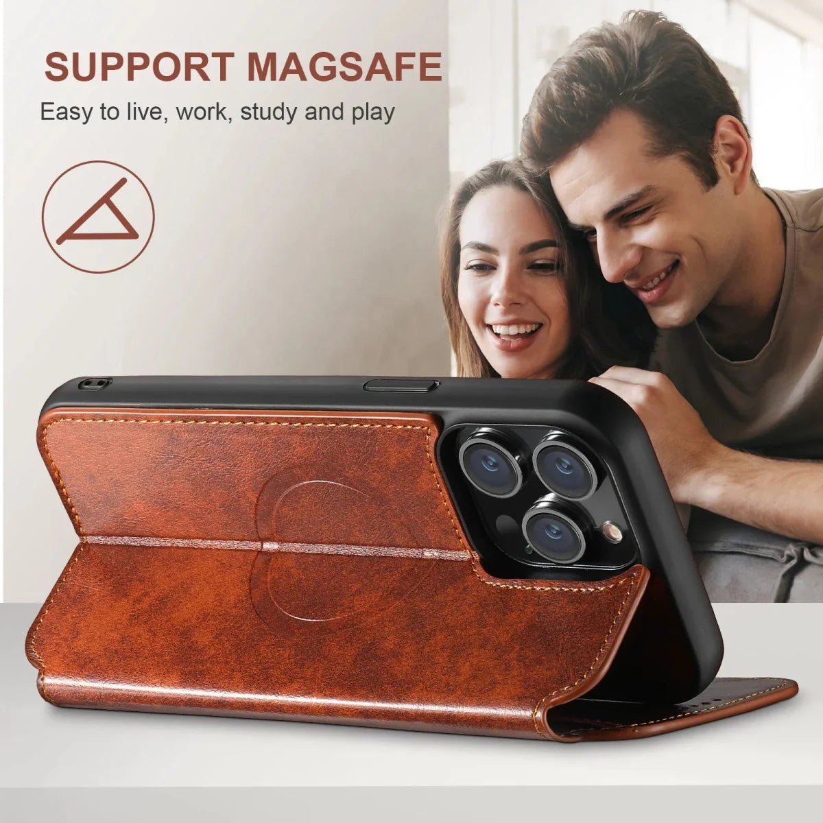 iPhone 15/ Pro/ Plus/ Pro Max - MagSafe Lederoptik Schutz Klapp Hülle mit Kartenfach, Kameraschutz - Top Hüllen