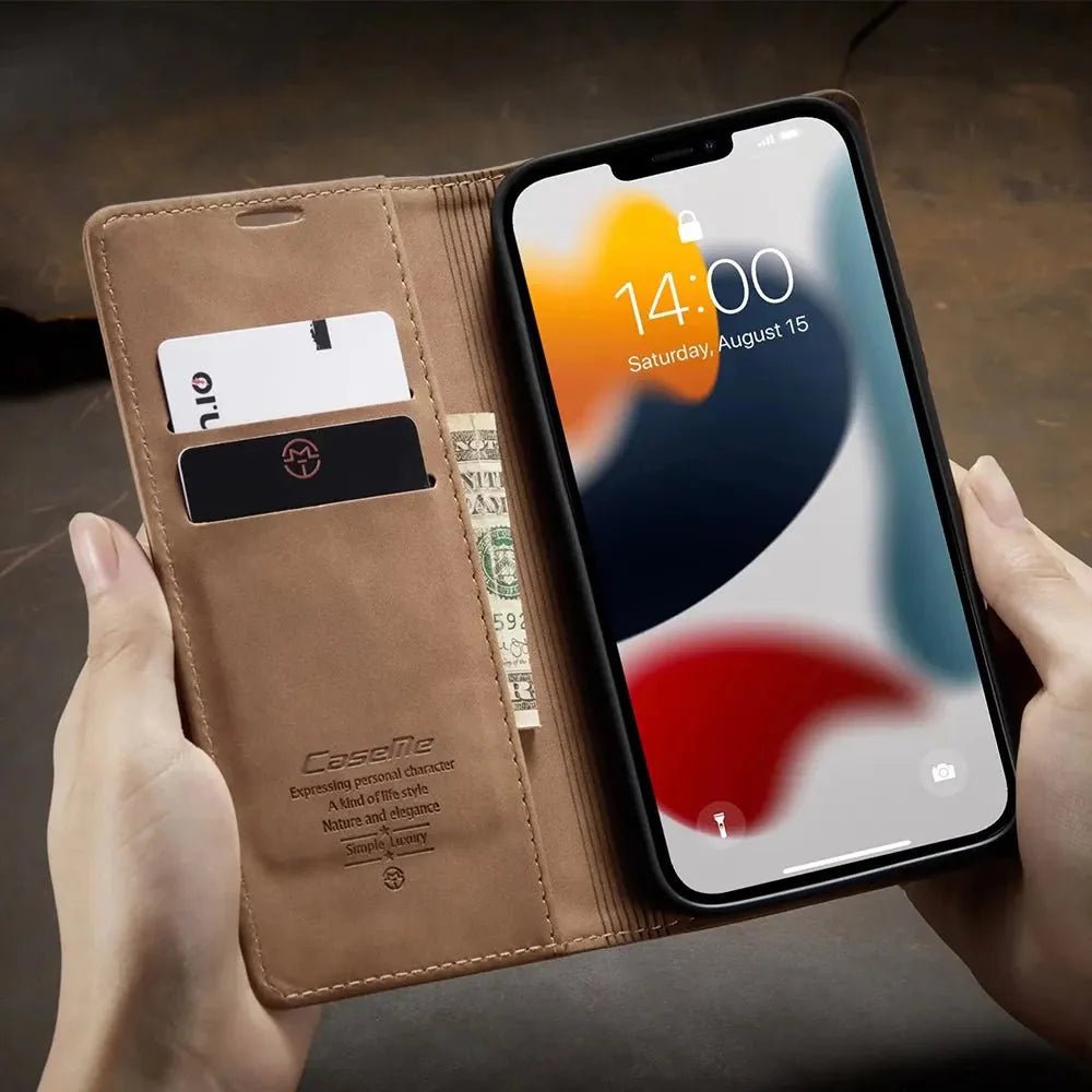 iPhone 15/ Pro/ Plus/ Pro Max - PU Lederoptik Klapphülle mit Magnetischer Abdeckung und Kartenfach - Top Hüllen