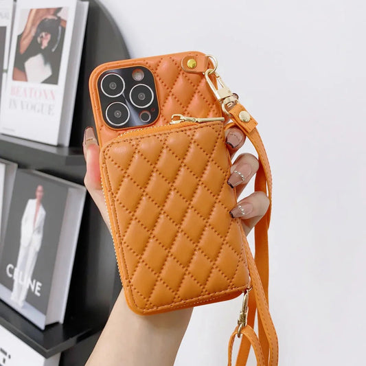 iPhone 15/ Pro/ Plus/ Pro Max - Umhängetasche mit Umhänge Band, Schulterkartenhalter, Kosmetiktasche, Reißverschluss - Geldbörse aus Lederoptik - Top Hüllen